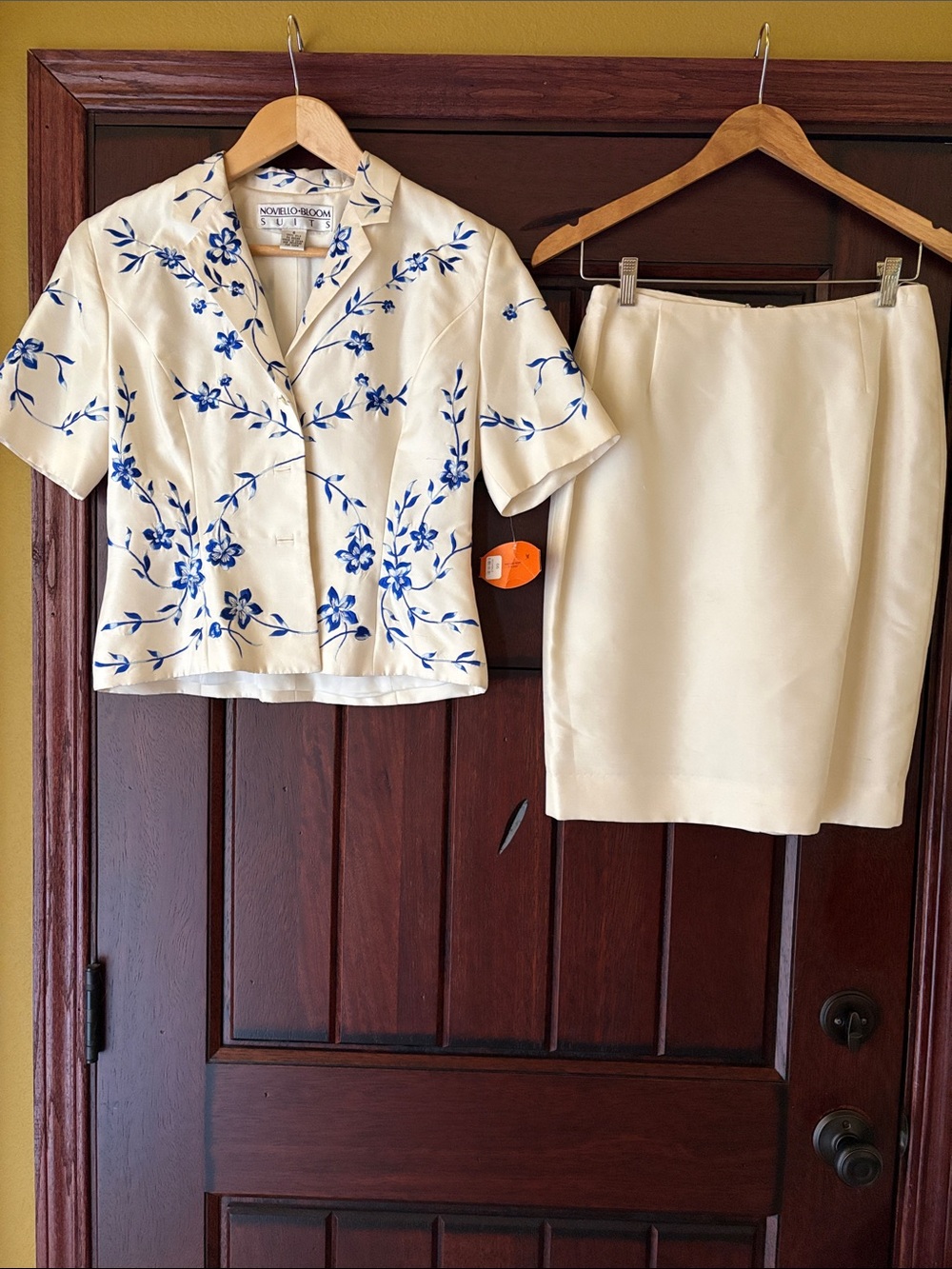 Cream Two-Piece Skirt Set with Blue Floral Embroidery